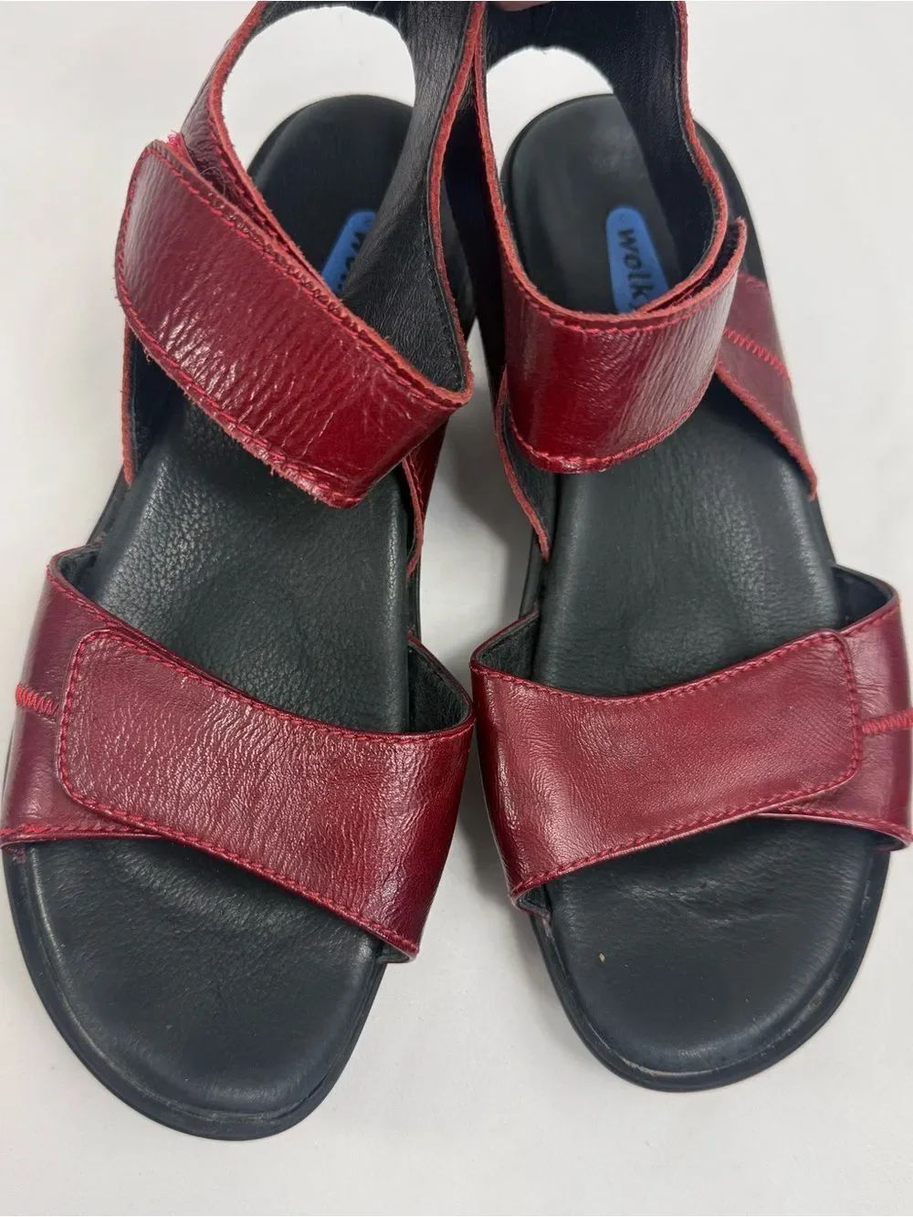 Wolky ANATARA Red Leather Double Strap Low Block Heel Padded Walking Sandals